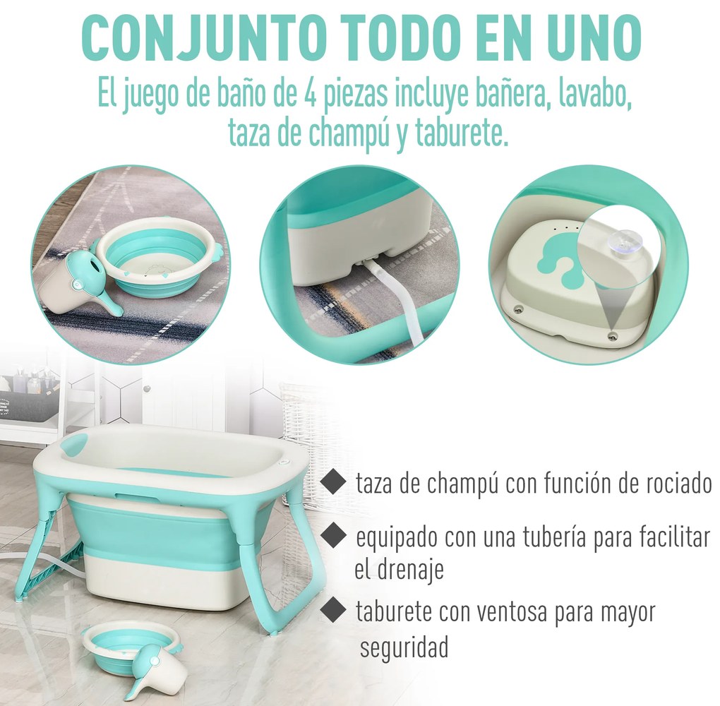 HOMCOM Banheira dobrável e portátil para bebê com recipiente para xampu bacia e banco conjunto de 4 peças de banho81,5x60x46,5 cm Verde