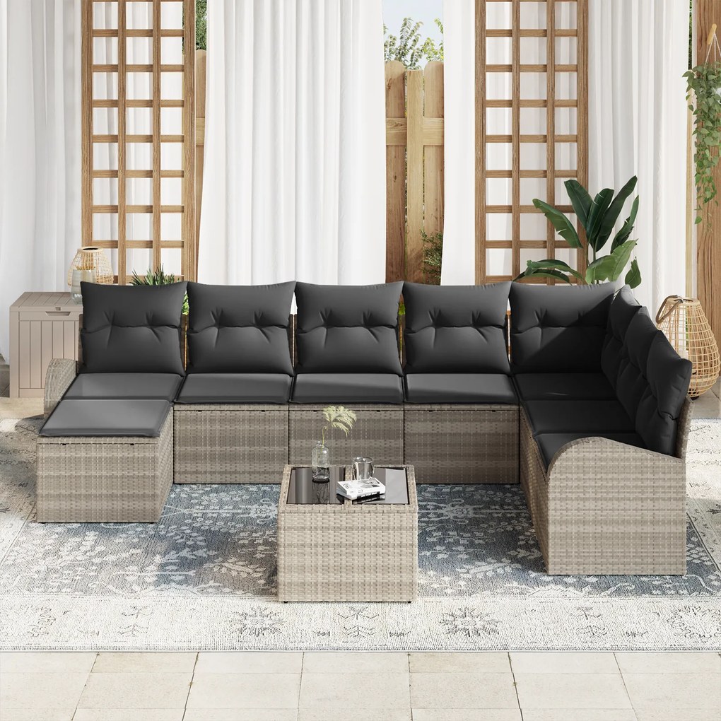 Conjunto de Sofá de Jardim de 9 Peças com Almofadas Cinza Polyrattan
