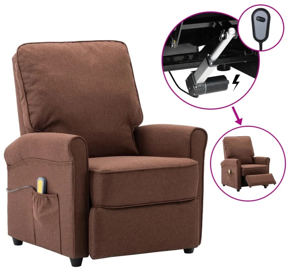 vidaXL Poltrona de massagens elétrica reclinável tecido castanho