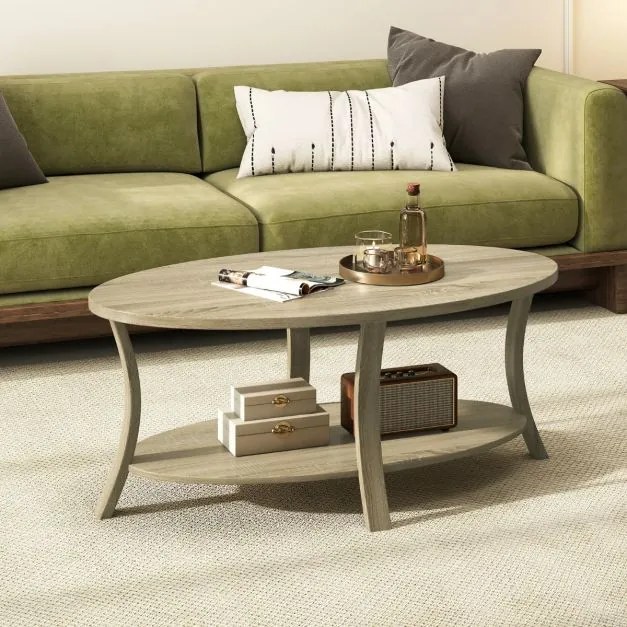 Mesa de Centro Oval 2 níveis 111 x 60,5 x 47 cm com prateleira de armazenamento natural