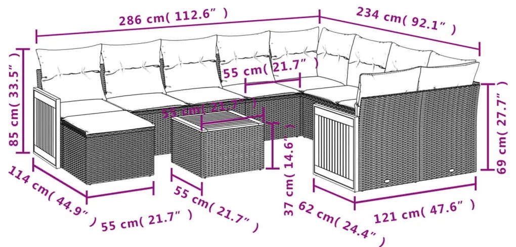 11 pcs conjunto sofás de jardim c/ almofadões vime PE cinzento
