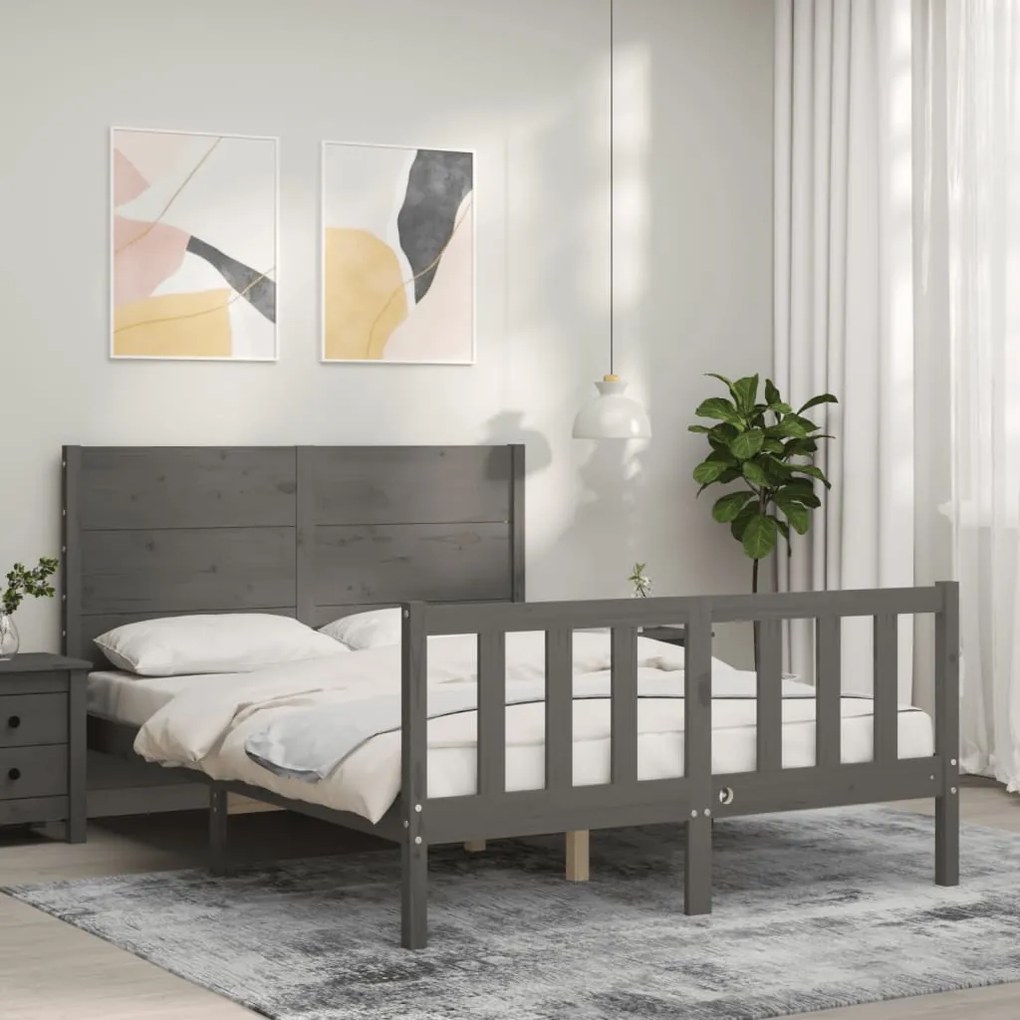 Estrutura de cama de casal c/ cabeceira madeira maciça cinzento