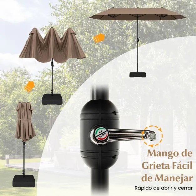 Guarda-sol duplo para jardim com base recarregável, manivela e 12 hastes de alta resistência Castanho