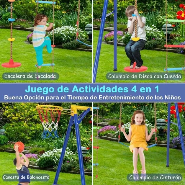 Conjunto de baloiço 4 em 1 com cesto de basquetebol Cinto ajustável Escada de escalada Disco de corda de escalada Carga 300 kg Amarelo