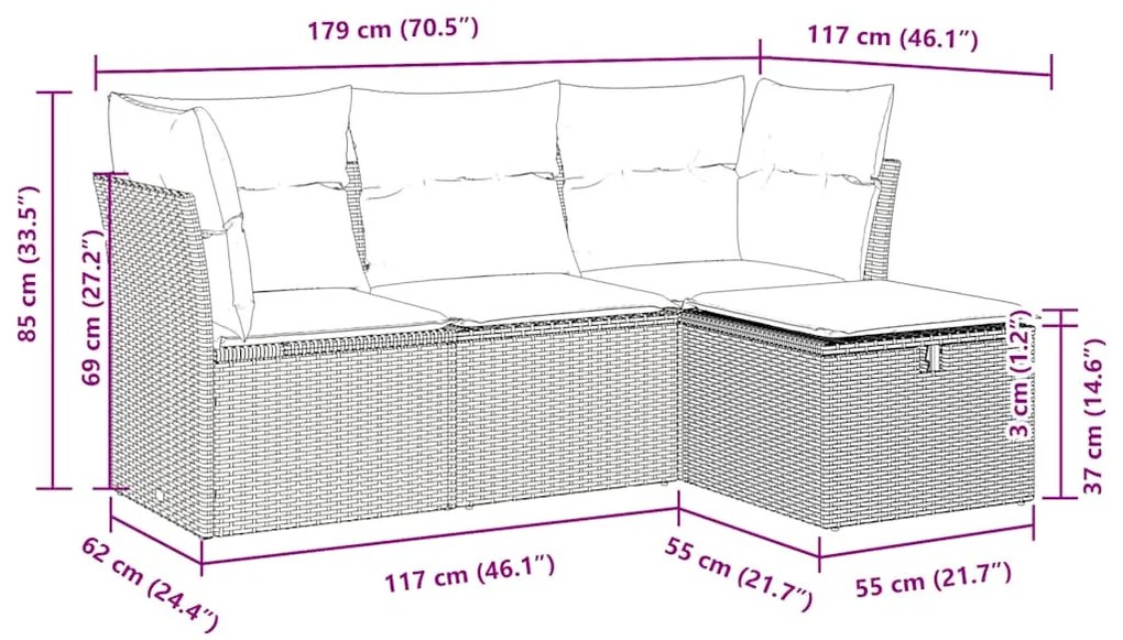 4 pcs conjunto de sofás para jardim c/ almofadões vime PE bege