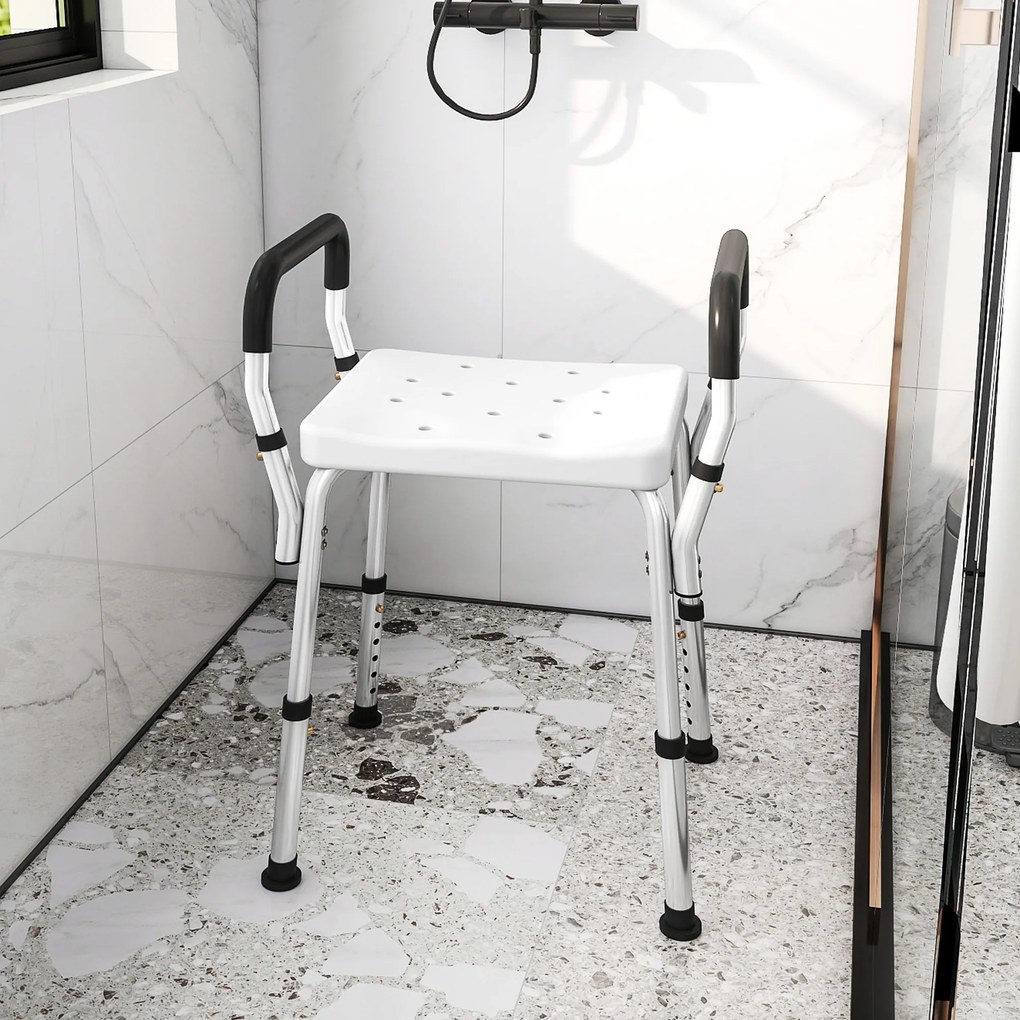 Banco de duche para idosos e pessoas com deficiência 52 (L) x 45 (P) x 57-69 (A) cm, com apoios de braços, altura ajustável, patins antiderrapantes, b