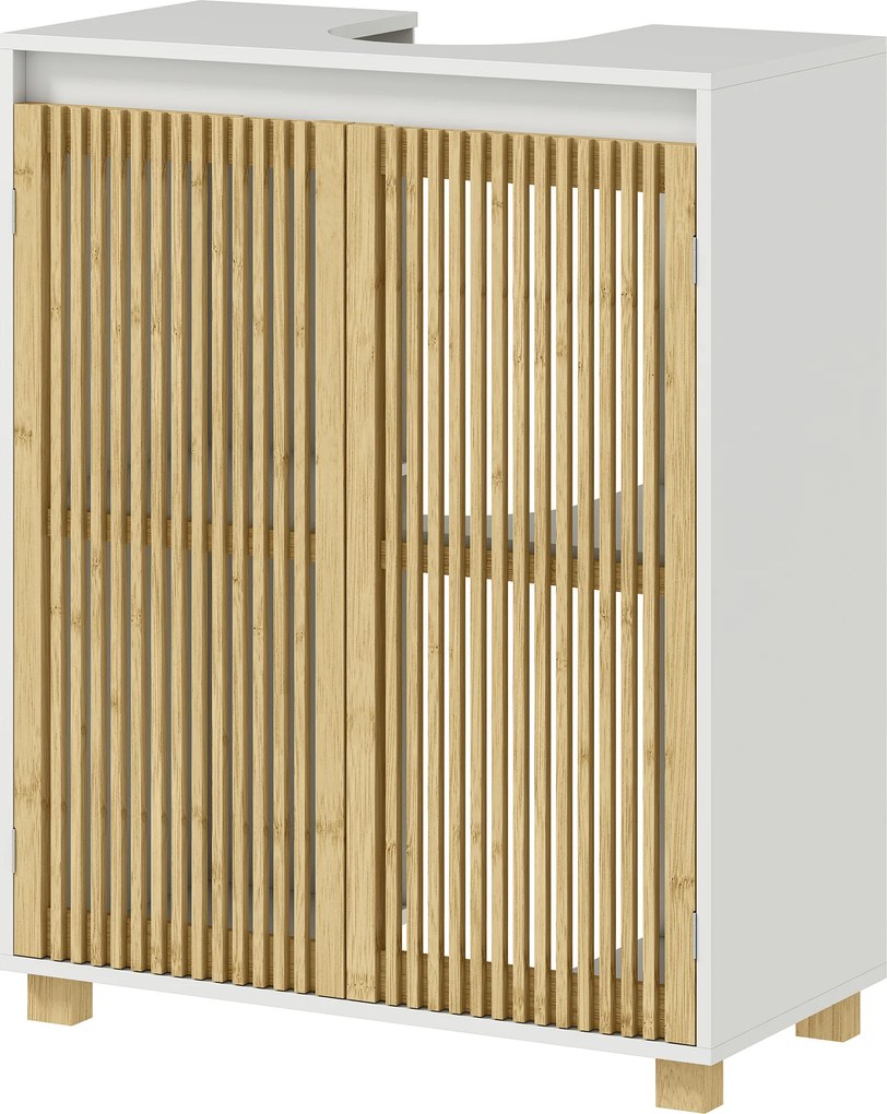 Móvel para lavatório (NÃO INCLUIDO) de casa de banho - armário com portas de ripas de bambu, 60 x 30 x 75 cm, efeito de madeira natural