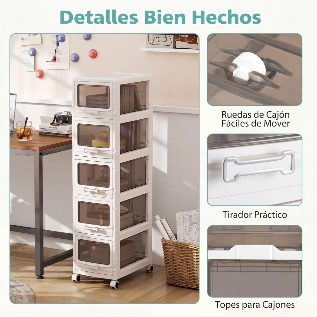 Móvel de Arrumação com 5 Gavetas, 42 x 28 x 112,5 cm, Rodas com Travão, Branco