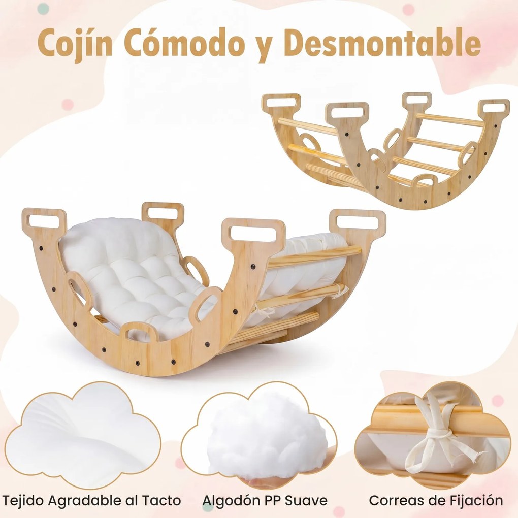 Arco de escalada 3 em 1 bebés Montessori em madeira com almofada e baloiço para interior, a partir de 1 ano, 81 x 48,5 x 38,5 cm, natural