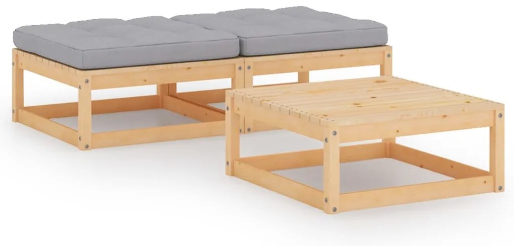 3 pcs conjunto lounge de jardim c/ almofadões pinho maciço