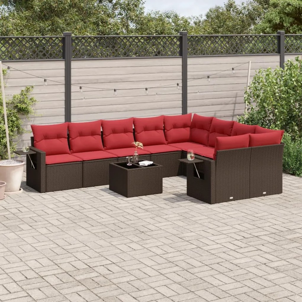 vidaXL 10 pcs conj. sofás jardim com almofadões vime PE castanho