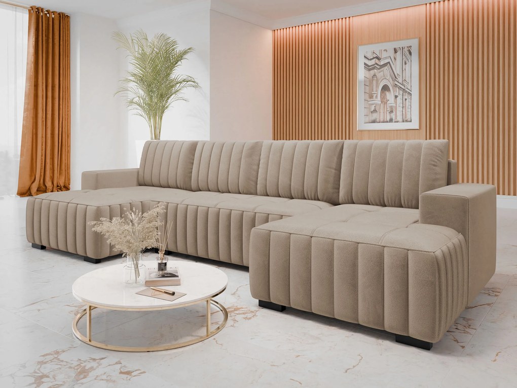 Sofá de canto Columbus 232, Cama com arrumação, 310x140x85cm, 139 kg, Pernas: Madeira