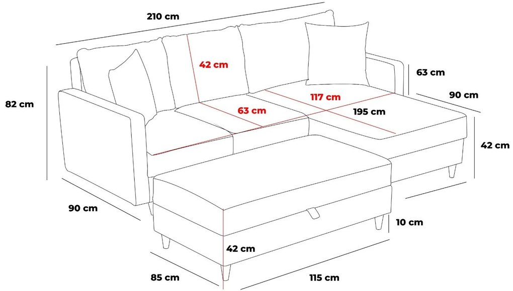 Sofá de Canto Eva – Cinzento – 210x82x195 cm