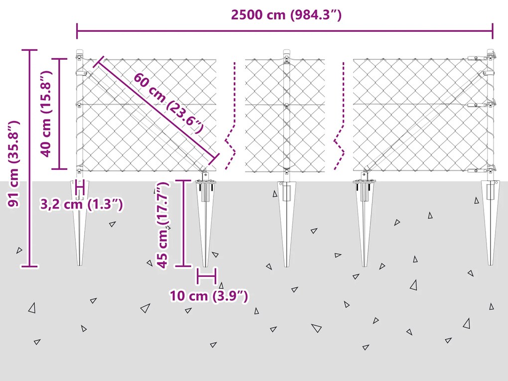 Cerca de Cadeia com 13 Postes de Espeto 0.4x25 m Aço Galvanizado