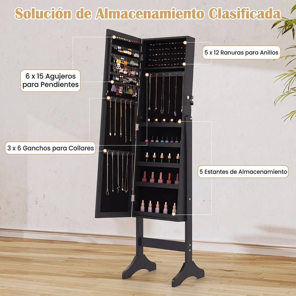 Armário para Joias de Pé, 40 x 36 x 156 cm, Espelho de Corpo Inteiro, Preto