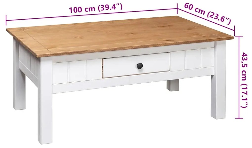 Mesa de centro 100x60x45 cm pinho maciço Panama branco