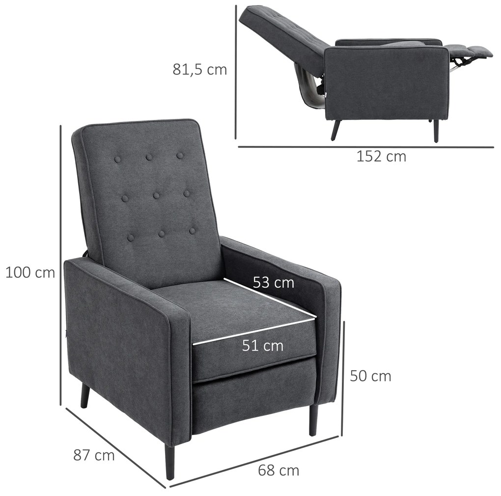 HOMCOM Poltrona Relax Reclinável Manual até 145° Estofada em Poliéster com Apoio para os Pés Retrátil Carga Máxima 150kg para Sala de Estar Dormitório Escritório 68x87x100cm Cinza