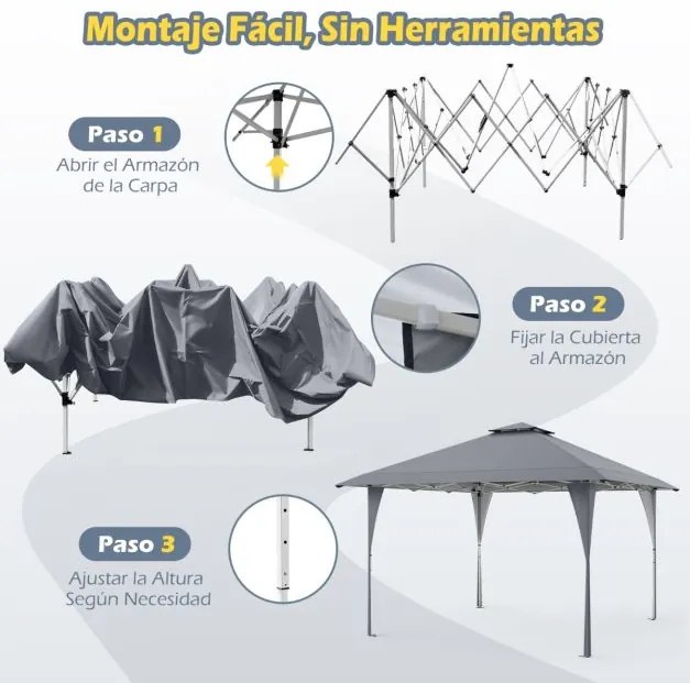 Tenda Pop Up 390 x 390 cm, com bolsa de transporte portátil, 8 estacas, 4 cordas de vento para pátio, jardim, acampamento cinza
