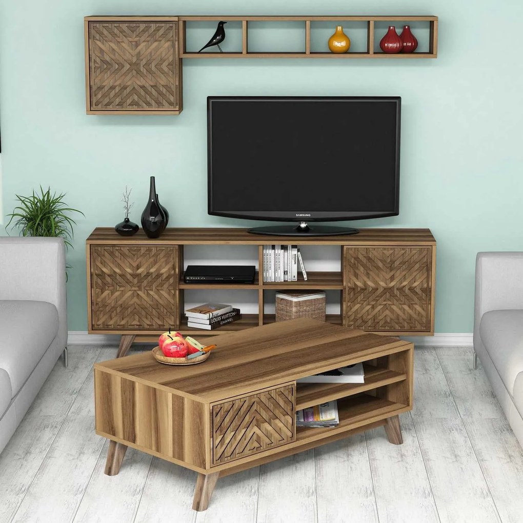 Conjunto de Mobiliário de Sala de Estar Inci – Nogueira – TV Unit: 160
