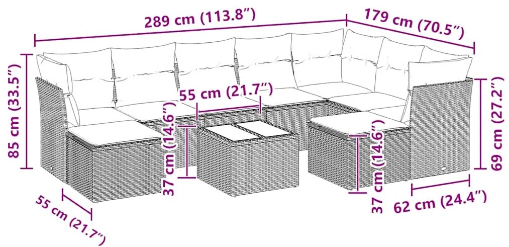 10 pcs conj. sofás jardim com almofadões vime PE cinzento-claro