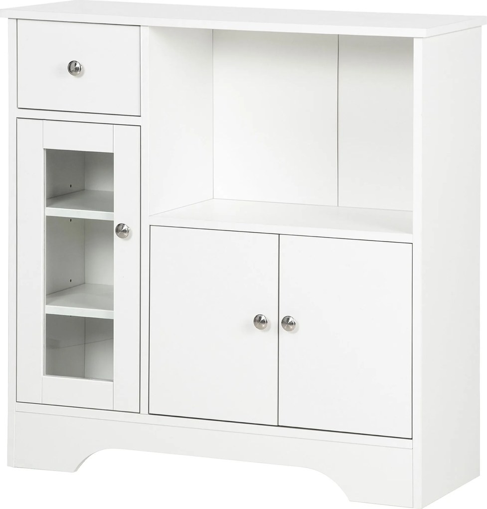 Aparador de cozinha moderno com porta de vidro, gaveta, nicho amplo e prateleiras ajustáveis 80 x 30 x 82 cm branco