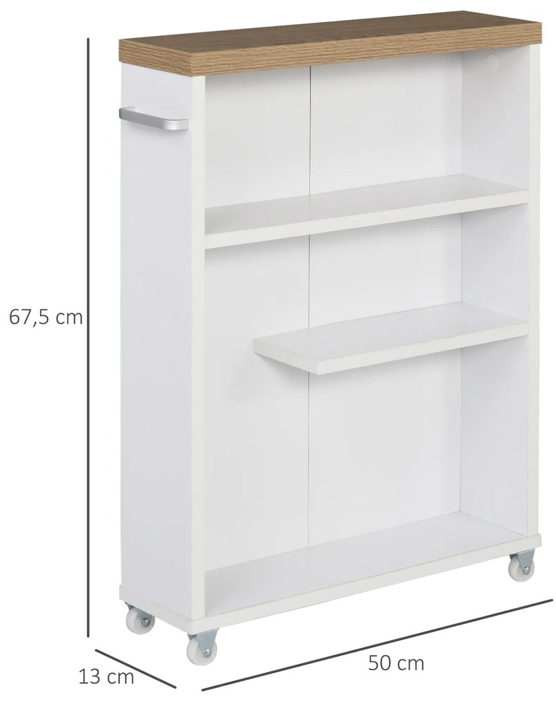 Kleankin Gabinete de banheiro auxiliar Carrinho de armazenamento de 3 prateleiras com rodas e alça lateral 50x13x67,5 cm Branco