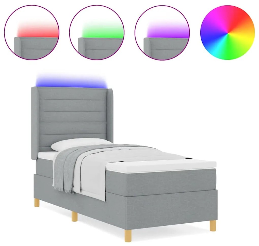 Cama Box Spring vidaXL com Colchão e Luz LED Cinza Claro 90x200 cm Tec