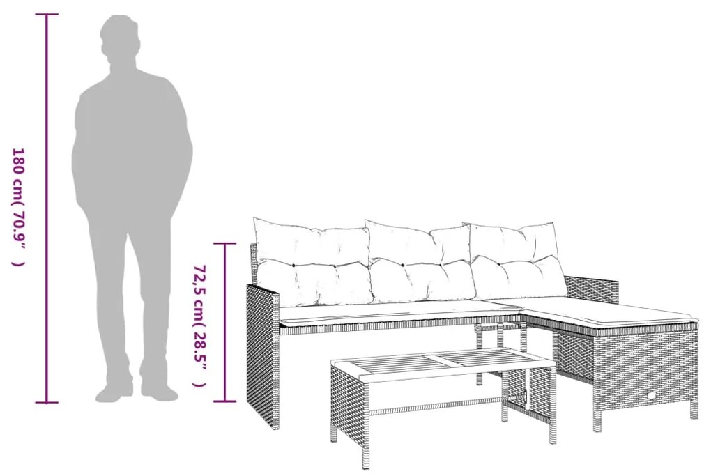 Sofá de jardim forma de L c/ mesa e almofadões vime PE cinzento