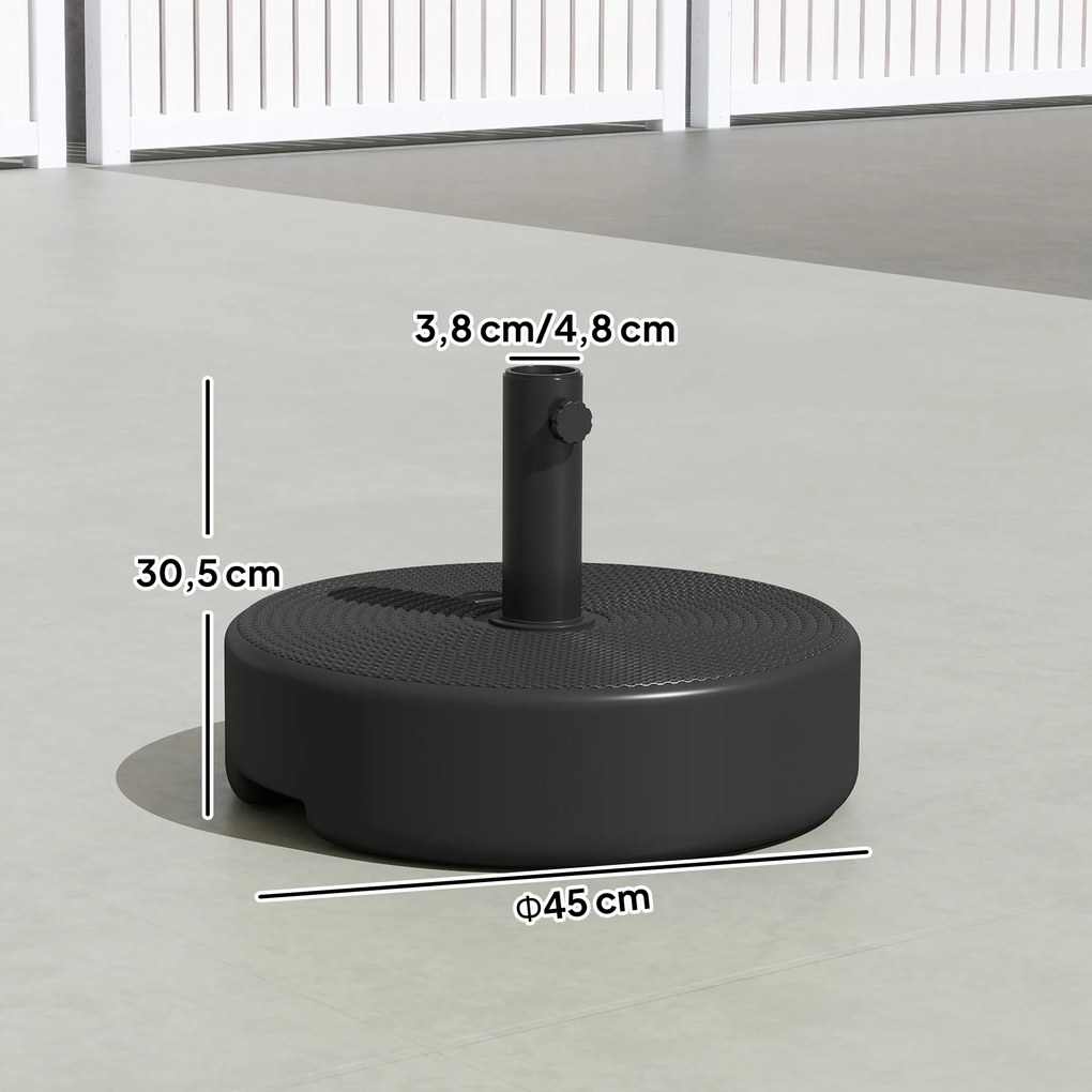 Base para guarda-sol Ø 45 x 30,5 cm de exterior. Pode ser enchida com até 19 kg de areia ou 15 kg de água, preta