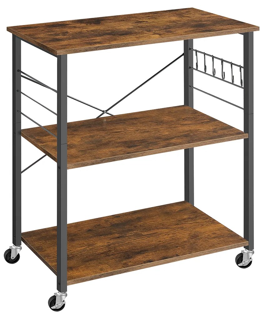 Carrinho de cozinha de 3 níveis com Rodas 40 x 80 x 89 cm Castanho Vintage Preto