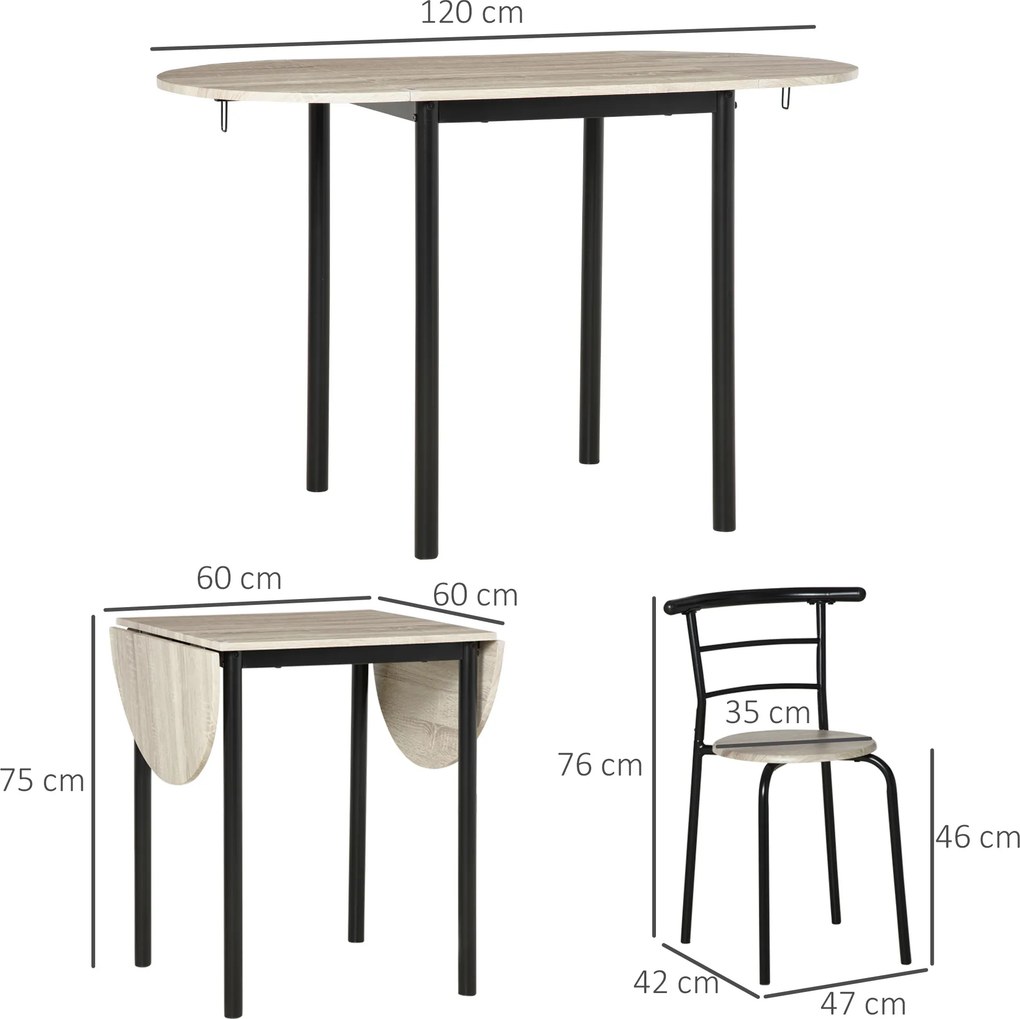 Conjunto de mesa oval extensível e 2 cadeiras – mesa com abas – metal e MDF – preto e natural