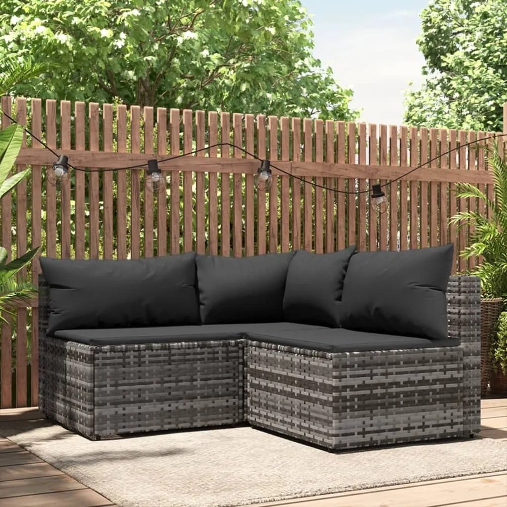 vidaXL 3 pcs conjunto lounge de jardim c/ almofadões vime PE cinzento