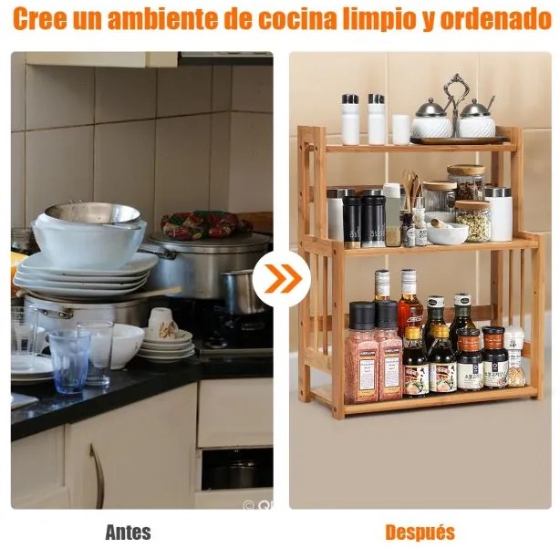 Suporte para especiarias em bambu com 3 níveis de prateleiras abertas e superfície impermeável para cozinha, casa de banho e quarto 41,5 x 18 x 50 cm