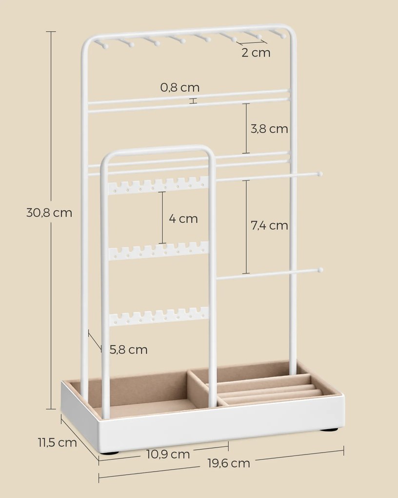 Suporte para jóias moldura metálica ideia de presente 11,5 x 19,6 x 30,8 cm branco