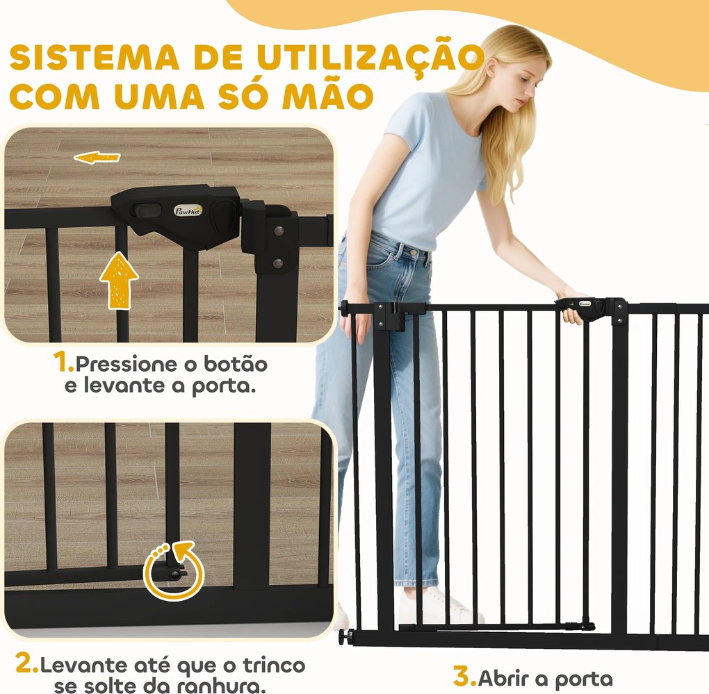 Barreira de Segurança de Cães para Escadas e Portas 74-94 cm com 1 Extensão Fechamento Automático e Sistema de Duplo Bloqueio Aço Preto