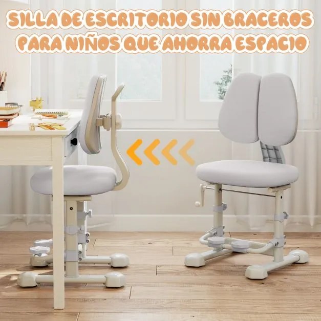 Cadeira de escritório para crianças com encosto duplo ajustável, apoio para os pés, altura e profundidade do assento ajustáveis cinza