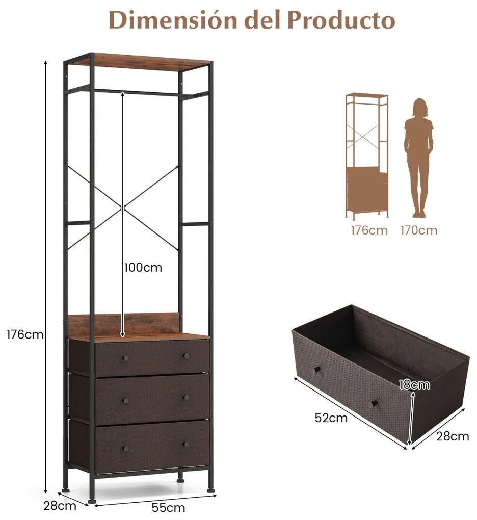 Guarda Roupa, Cabide com varão e prateleiras para o hall de entrada, quarto 55 x 28 x 176 cm Castanho