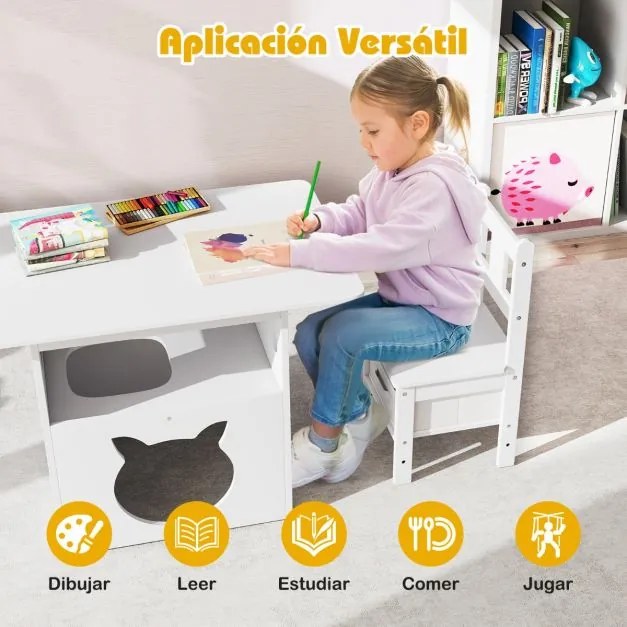 Conjunto de mesa e cadeiras infantil 2 em 1 com casinha para gatos e janela transparente. Inclui cubos de tecido para crianças com mais de 3 anos. Bra