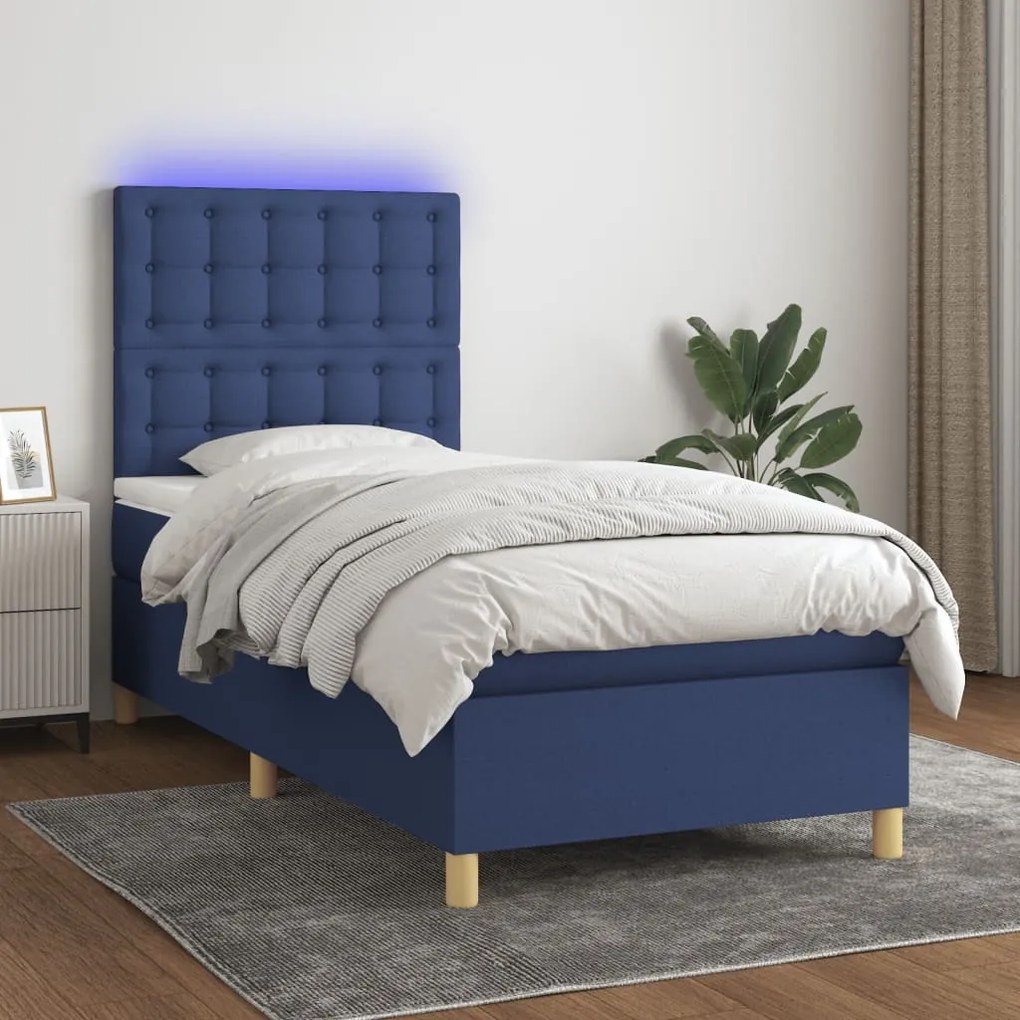 Cama box spring c/ colchão e LED 80x200 cm tecido azul