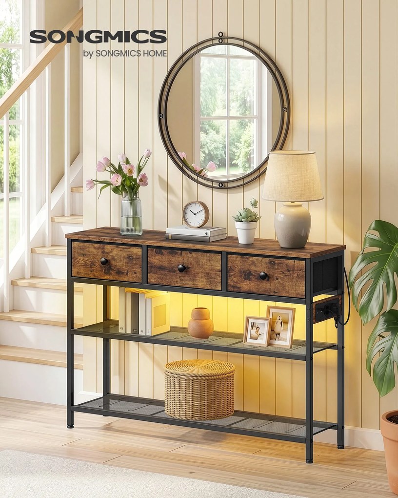 Mesa consola com luz led 98,8 x 30 x 78,7 cm, 3 gavetas castanha vintage