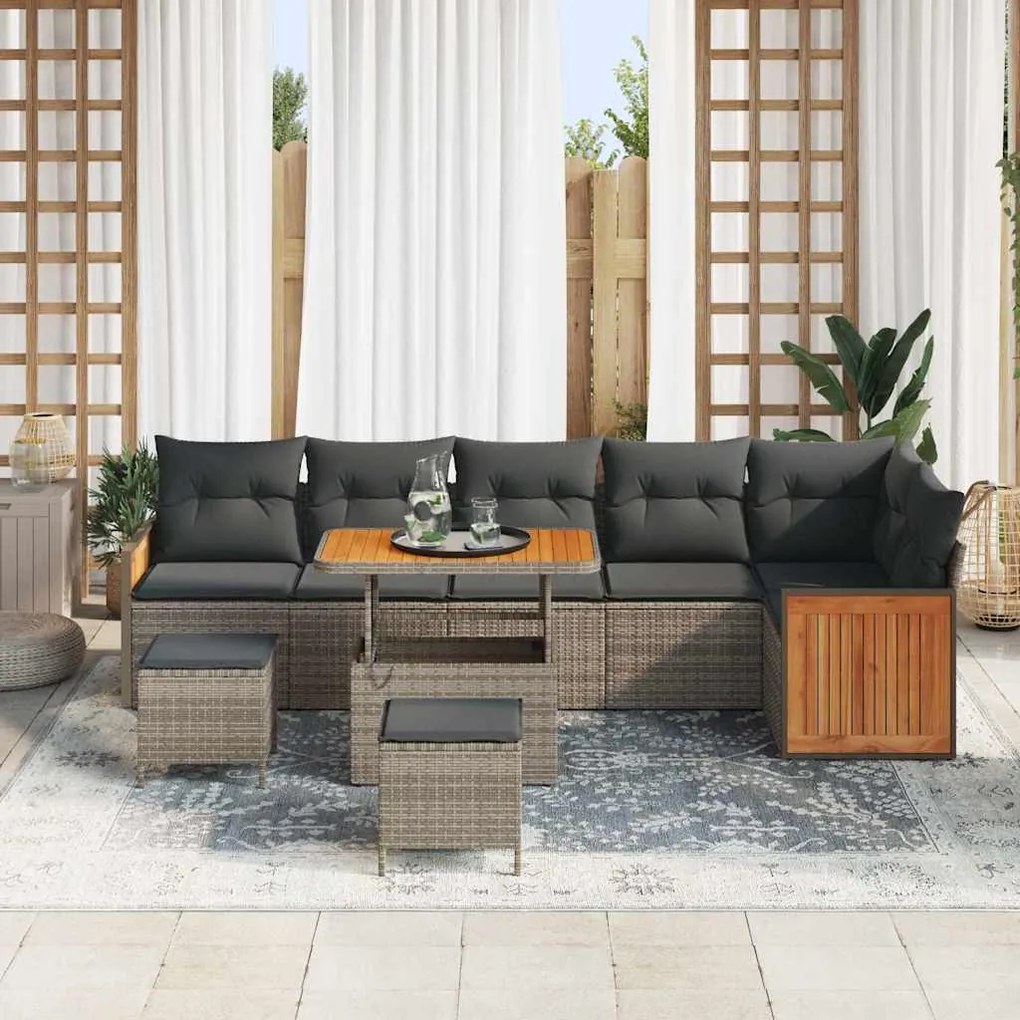 Conjunto de Sofá de Jardim de 9 Peças com Almofadas Cinza Rattan Sinté