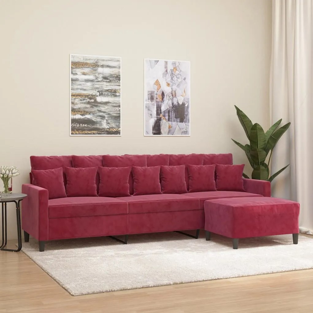 vidaXL Sofá de 3 lugares com apoio de pés 210 cm veludo vermelho tinto