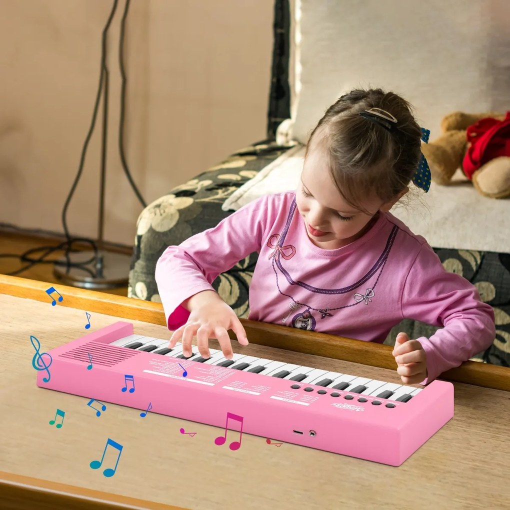 Teclado de piano para crianças elétrico portátil de 37 teclas com 8 ritmos, 8 tons e 22 demos Instrumento musical eletrónico rosa
