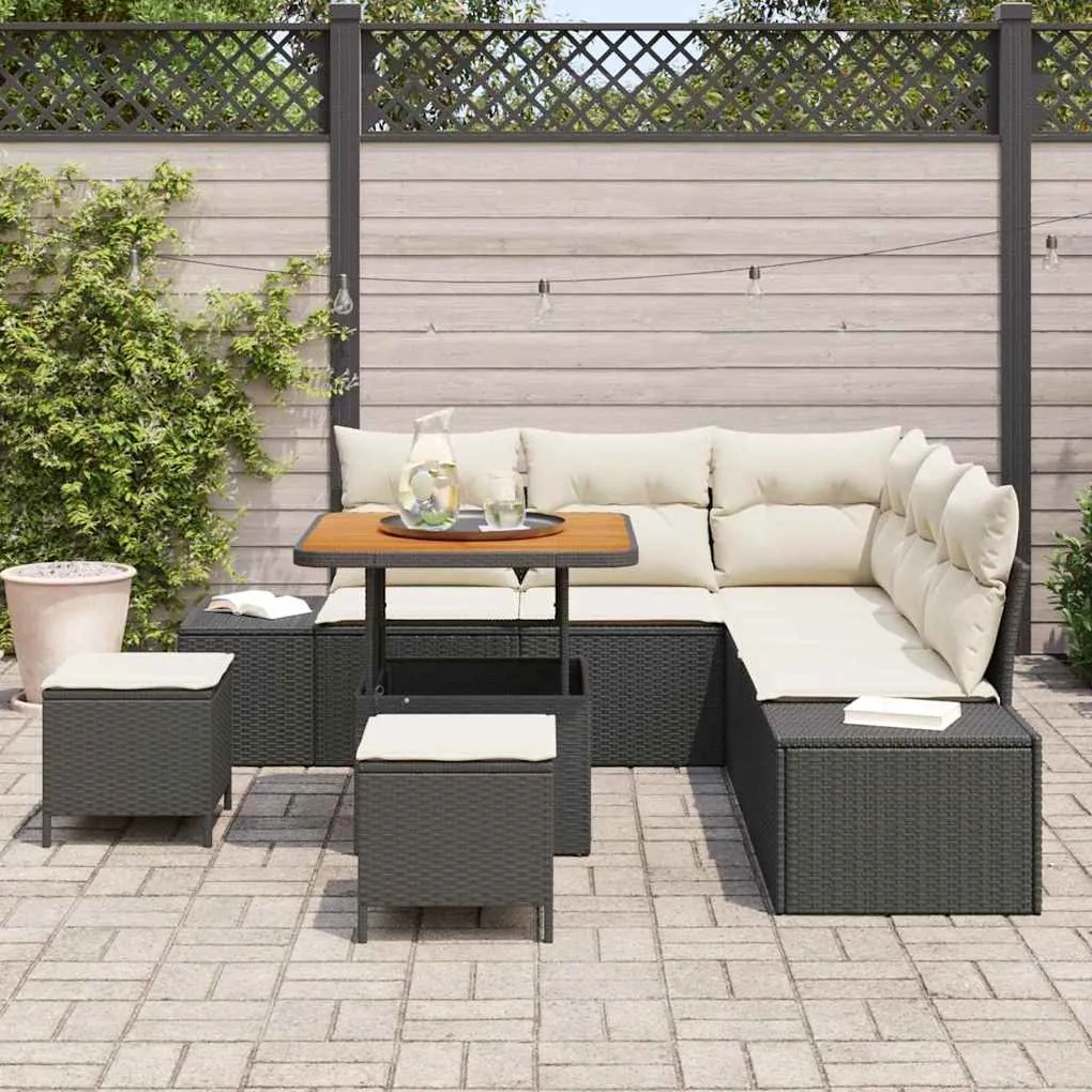 Conjunto de Sofá de Jardim com 8 Peças e Almofadas Preto em Rattan e A