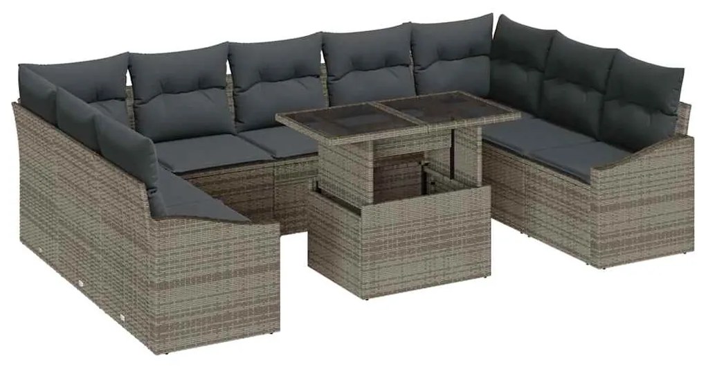 Conjunto de Sofá de Jardim de 10 peças com Almofadas Cinza Ratã Poli