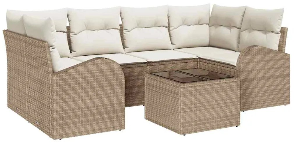 Conjunto de Sofá de 7 Peças para Jardim com Almofadas Bege Poliratan