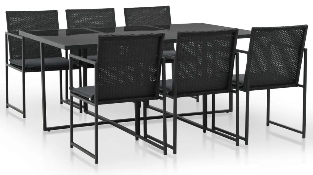 7 pcs conjunto jantar exterior com almofadões vime PE preto