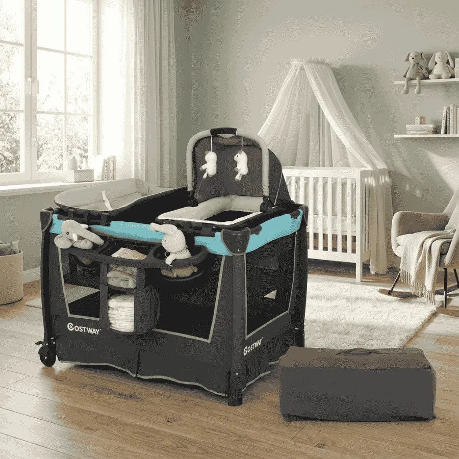 Berço dobrável 5 em 1 com berço removível 103 x 74 x 73 cm, trocador e bolsa de transporte com rodas Centro de cuidados portátil cinza + verde