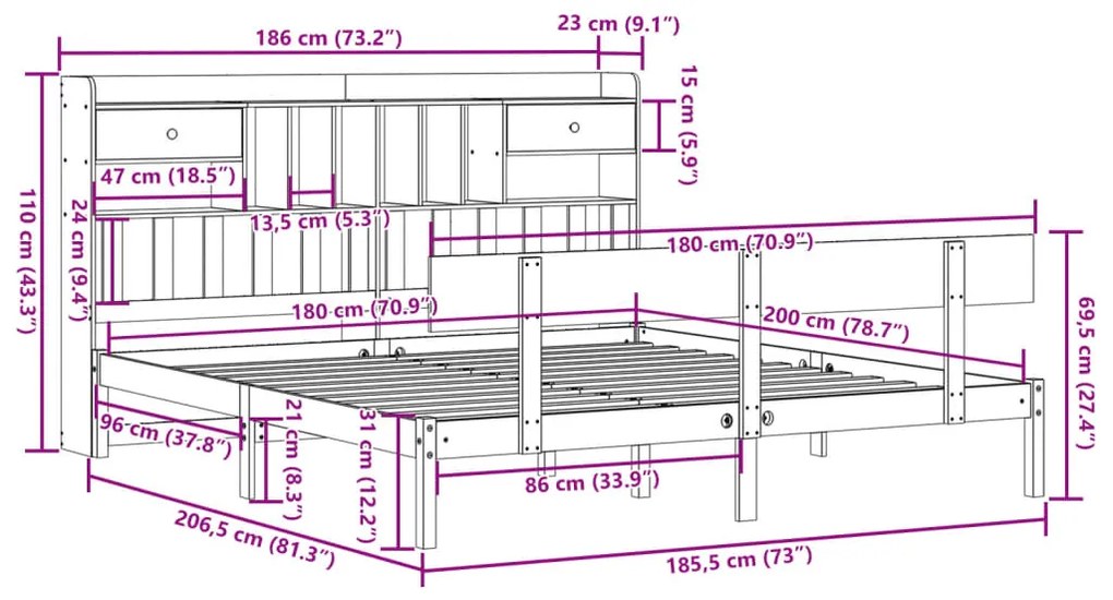 Cama com estante sem colchão 180x200 cm pinho maciço