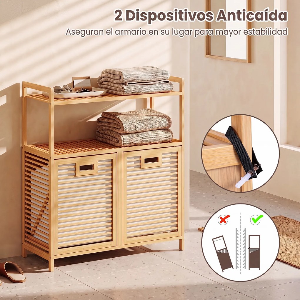 Móvel para Roupa Suja, 80 x 30 x 92 cm, 2 Compartimentos e Estante Superior, Natural